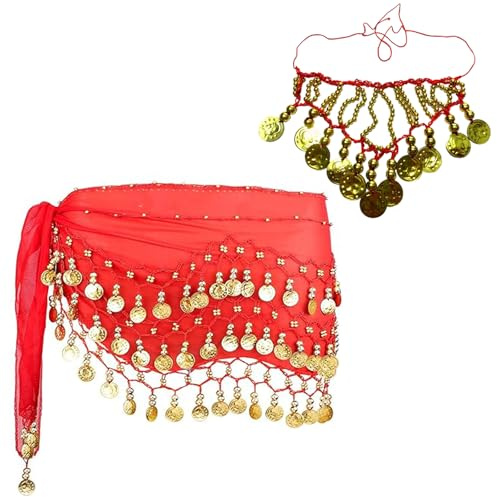 Guyode Bauchtanz Kostüm Damen, Bauchtanz Hüfttuch Kopfschmuck Wahrsagerin Kostüm Chiffon Hüfttuch für Bauchtanz Lateinamerikanische Tänze Carnival Mottoparty (Rot)