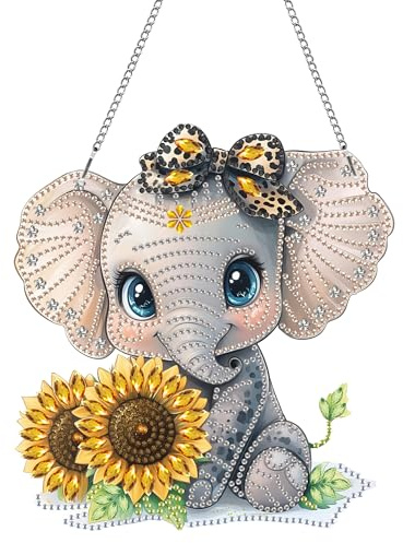 MOMAKA Elefant Diamond Painting Fensterbilder, Diamond Painting Anhänger, Diamond PaintingSonnenblume, Diamant Painting mit Kette, Wandbehang Kits für Fenster Wand Eingang Garten Decor 20x20cm