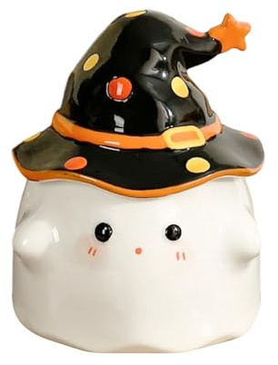 HarnyLoom Halloween Ghost Mug, 350 ml Coffee Cup Ghost Shaped Ceramic Mugs with Lid Cute Spooky Halloween Horror Gifts Decorations for Adults Men Women (Black)