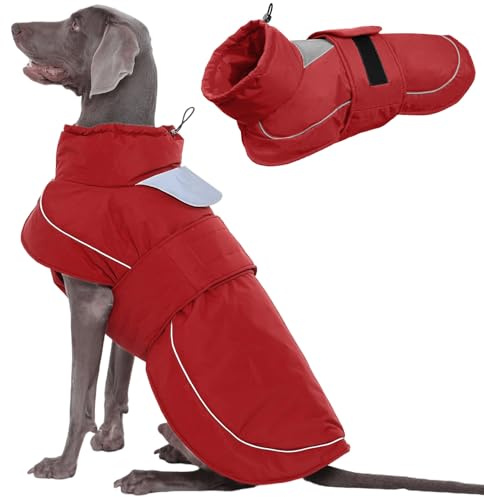 Kuoser Hundemantel Hundejacke, Warme Hundejacke für Große Hunde, Wasserdicht, Mit Reflektierendem Streifen & Leinenöffnung, Leichtes Anziehen durch Klettverschluss, Rot 2XL