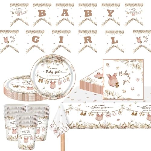 Set di 63 stoviglie per feste per baby shower, decorazioni da tavola rosa con piatti di carta, tovaglioli, bicchieri, striscioni, forniture per feste per baby shower, 16 ospiti