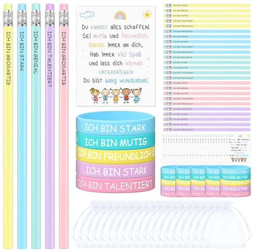 Tenare 120-teiliges Motivations-Geschenkset für Schulklassen & Kinder | Mit je 30 Bleistiften, Armbändern, Karten & Organzabeuteln, Mutmacher-Geschenk für Schüler zum Schulanfang