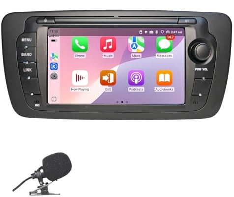 Autoradio geeignet für Volkswagen Seat Ibiza 6J 2009-2014 und Unterstützt kabelloses CarPlay und Android Auto. Verfügt über einen 7-Zoll-Touchscreen mit Radio/Bluetooth/FM/USB/DSP/RDS