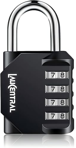 LauCentral 4 Digit Combination Padlock - Weatherproof Outdoor Lock for Gym Locker & School Locker, Heavy Duty Resettable Code Lock for Garage, Shed, Fence & Toolbox（Black, 1 Pack）