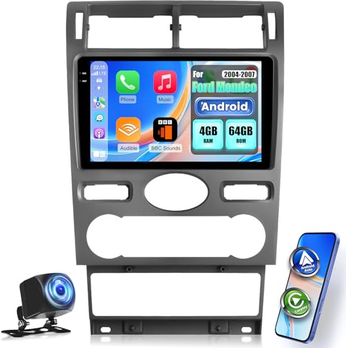 NHOPEEW 4+64G Android Radio para Coche para Ford Mondeo 2004-2007 con Carplay y Android Auto - Pantalla incell de 9 Pulgadas Compatible con WiFi GPS Control en el Volante + Cámara de Marcha atrás
