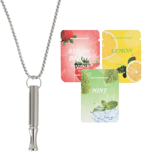 Breathing Necklace with Resistance, Anxiety Relief Breathing Necklace for Calm and Focus, Breath Training Sensory Pendant, Portable Relaxation Tool for Breathe Exercises, with 3 Refill Packs, Silver