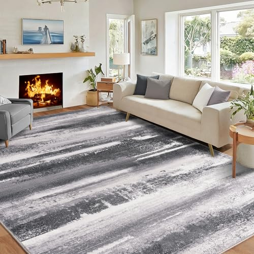 Waschbarer Teppich Wohnzimmer Modern Abstrakt Schwarz & Grau 160x230cm | Maschinenwaschbar und Rutschfest, Kurzflorteppich für den Innenbereich, Geeignet für Schlafzimmer Esszimmer, Büro Dekor