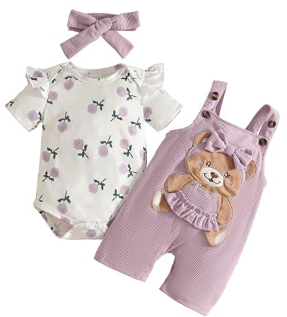 UUAISSO Vestiti per Neonate Top Floreali Tuta Orso Salopette Regolabile Tuta Set di Abiti Motivo floreale viola 3-6 mesi