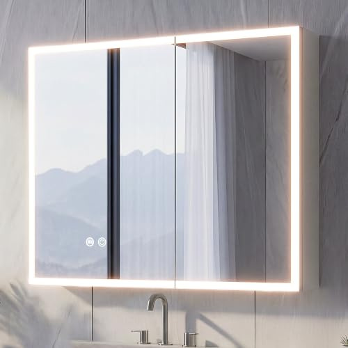 NeoArt Spiegelschrank Bad mit Beleuchtung und Steckdose 60x60x14cm Weiß | 3 Farbtemperaturen dimmbar & verstellbare Böden, komplett vormontiert mit Steckdose (EU), Type-C & USB, Antibeschlag, IP44
