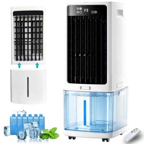 Rafraîchisseur d'air Évaporatif 12L (Alternative Climatiseur Mobile Sans Évacuation), 800 m³/h Puissant Portable, 3-en-1 Ventilateur & Humidificateur avec Télécommande, Minuteur 12H, 6 Pains de Glace