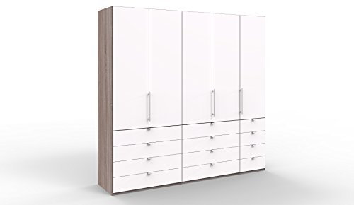 WIEMANN Loft Kleiderschrank, Schlafzimmerschrank, Gleittürenschrank, Drehtürenschrank, mit Schubladen, in weiß, Trüffeleiche, Holz, B/H/T 250 x 236 x 58 cm