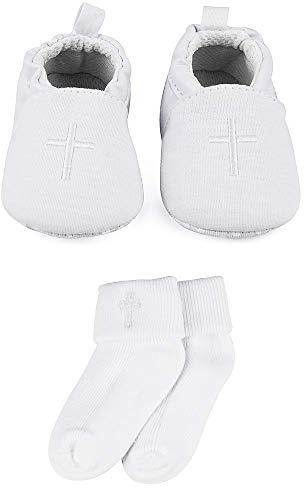 LACOFIA Chaussures de baptême Blanches à Semelle Souple antidérapantes de Premier Pas pour bébé Fille avec Bavoirs croisés brodés