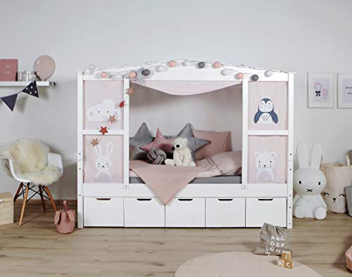 TiCAA Hausbett mit Bettkasten Amelie Kiefer Weiß