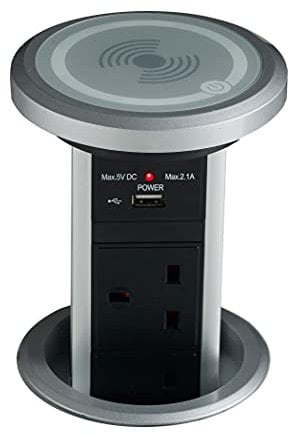 Leyton Lighting POW-6M Motorised Pop-up Socket Power Port, QI & USB Charger, Silver