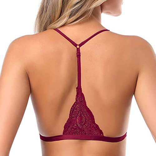 SHEKINI Women's Lace Bralette Sexy Triangular Bra Front Fastening with Removable Pads Backless Bras Plus Size, Wine Red, S