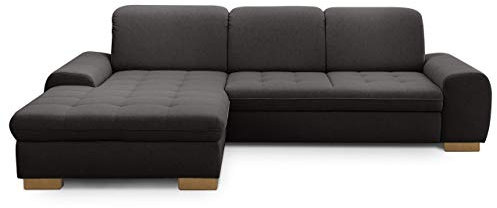 CAVADORE Sofaecke Lexi im Landhausstil / Schlafsofa in L-Form mit XXL-Longchair links und Federkern / Inkl. Bett, Bettkasten und Kopfteilfunktion / 275 x 82-99 x 173 / Flachgewebe: Grau