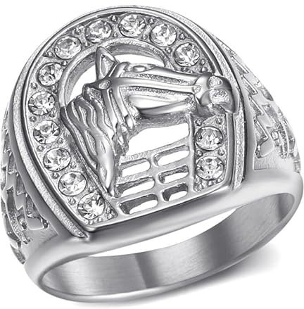 BOBIJOO JEWELRY - Siegelring Hufeisenkopf Camargue Gypsy Elvis 316L Stahl Silber Strass Diamanten - 17,8 (7 US), Edelstahl 316