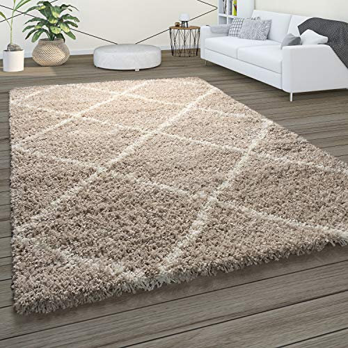 Paco Home Hochflor Teppich Wohnzimmer Schlafzimmer Shaggy Skandinavisch Rautenmuster, Grösse:140x200 cm, Farbe:Beige