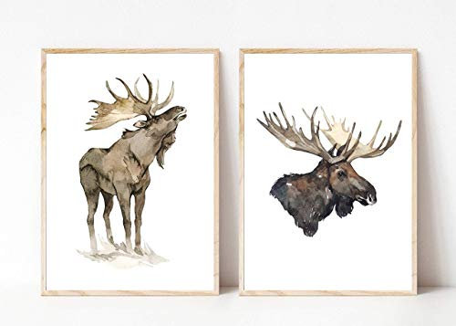 Din A4 Kunstdruck ohne Rahmen - 2er Set Elch Elchkopf Geweih Natur Hirsch Aquarell Druck Poster Deko Bild