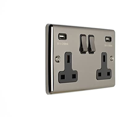 2 Gang 13Amp Switched Socket with Comb 3.1 Amp USB Outlets Black Nickel Enhance Range Black Trim