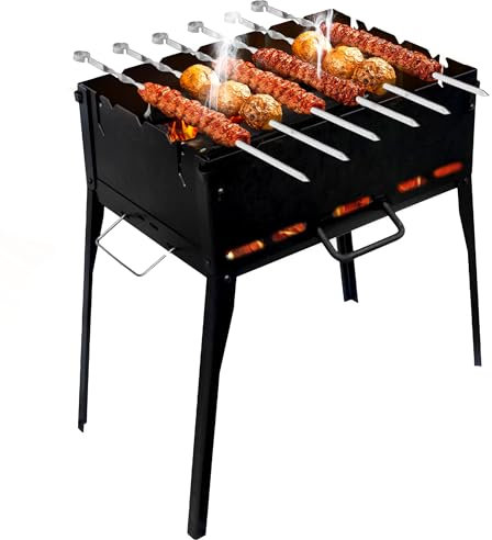 CKG Tragbarer Grill, robust, zusammenklappbar, Kazan, Mangal, BBQ, Kabab, Shashlyk, Campingkocher, Outdoor, Reisen, 6 Spieße, Feuerschale, 2 mm Metallstärke