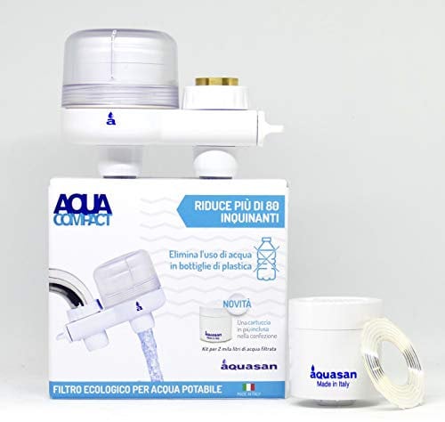 AQUASAN Aquacompact Nuovo Kit 2000 Litri - Filtro Rubinetto Anticalcare con 2 Cartucce, Depuratore Acqua Potabile, Riduce Microplastiche Rimuove Gusto Odore (White)