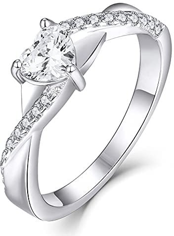 YL Bague de fiançailles avril Pierre de naissance blanche Oxyde de Zirconium Traverser Infini Solitaire coeur bague de mariage pour les femmes mariée (Taille 52)