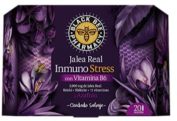Black Bee - Jalea Real Inmuno Stress, Complemento Alimenticio con Jalea Real, Vitamina B, Reishi, Shiitake y Azafrán, Defensa y Bienestar Mental - 20 Ampollas