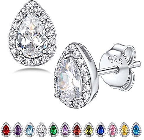Bestyle Damen Ohrringe Silber 925, Kleine Birne Zirkonia Ohrstecker Halo Classic Earrings Jahrestag Geburtstagsgeschenke für Mama Mädchen, Geburtsstein Ohrschmuck, April