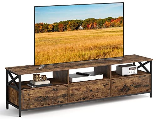 VASAGLE TV-Schrank, Lowboard für Fernseher bis zu 80 Zoll, 178 cm lang, Fernsehtisch mit 3 Schubladen, 3 offenen Fächern, 40 x 178 x 50 cm, Wohnzimmer, Stahlgestell, vintagebraun-schwarz LTV302B01