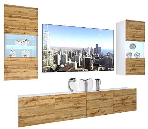 BELINI Wohnwand Vollausstattung Wohnzimmer-Set Moderne Schrankwand mit LED-Beleuchtung Anbauwand TV-Schrank Wotan-Eiche