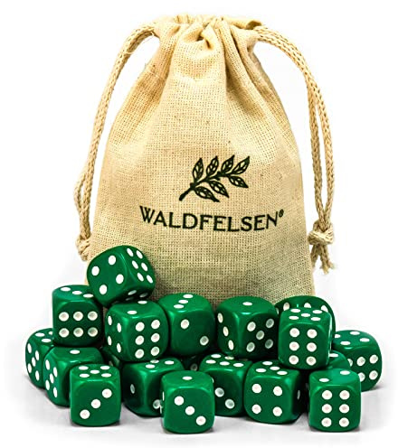 Waldfelsen 6, 12, 20, 30 oder 50 hochqualitative Würfel Standardgröße 16 mm Acrylwürfel Knobel Spielwürfel Dice 6-seitig sechsseitig Spielzubehör Set mit Stoffbeutel (Grün, 20 Stück)