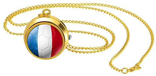 JewelryWe Taschenuhr Herren Weltmeisterschaft WM Frankreich Französische Flagge Kettenuhr Analog Quarz Uhr mit Halskette Kette Pocket Watch Geschenk für Männer Frau