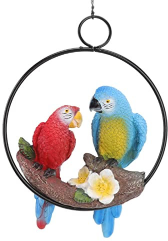 Hängende Eisenring Papageien Deko, Papagei Vogel Figur Skulptur, 40cm Harz Simulations Verzierungs Statue, Eisenring Ara Luft Papagei Vögel Handwerks Dekoration Wanddeko für Patio Balkon Garten