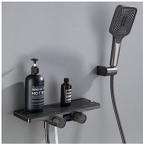 SWHC Mitigeur Baignoire avec Douchette, Robinet Baignoire avec Douchette et Grande étagère, 40℃ Thermostatique Robinet Salle Bain, Robinets de Douche et de Baignoire Noir