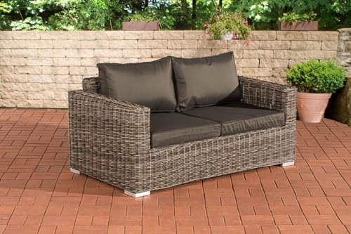 CLP Polyrattan 2er Sofa Madeira/Bilbao Mit 2 Sitzplätzen I Gartensofa Mit Aluminium-Gestell I Loungesofa Mit Polsterkissen I 5mm Rattandicke, Farbe:grau-meliert, Polsterfarbe:Anthrazit