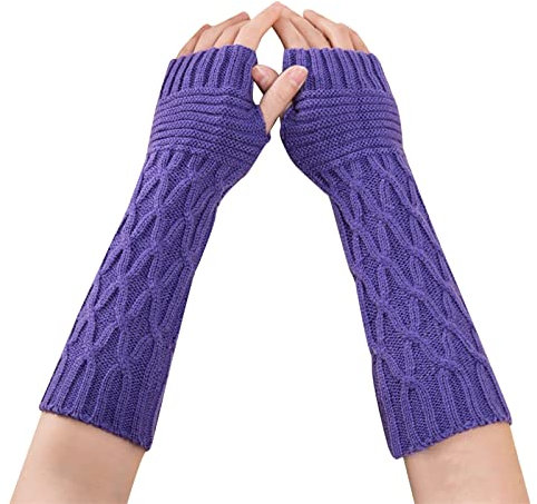 Fingerlose Handschuhe Damen Winter Warm Strickhandschuhe Zopfmuster Armstulpen Pulswärmer Lang Fäustlinge Handstulpen Halbfinger Winterhandschuhe Dehnbare Gestrickt Handwärmer Stulpen (Lila, onesize)