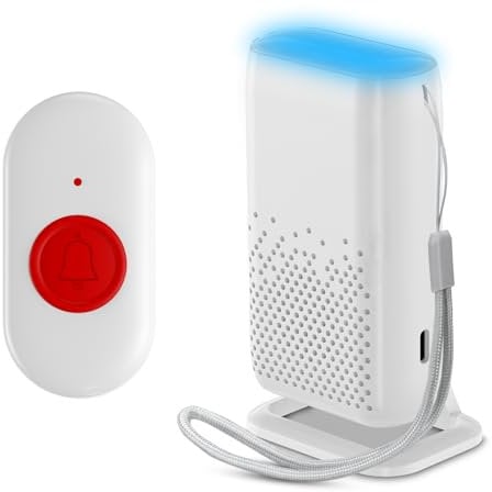 pulsante salvavita anziani, pulsante chiamata anziani Senza Fili Ricaricabile tramite USB, pulsante sos anziani con 58 suonerie, allarme anziani con vibrazione, luce e suoneria