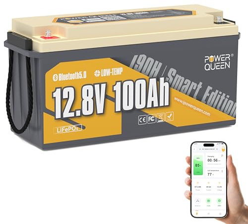 Power Queen Batteria 12,8V 100Ah Bluetooth H190 LiFePO4, Batteria al Litio da 1280Wh con 100A BMS,Protezione a Bassa Temperatura,Max.15000 cicli, Perfetto per camper, campeggi e case solari.