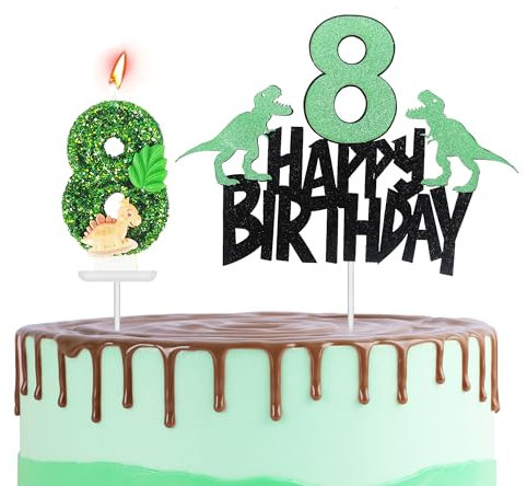 Dinosaur 8th Birthday Cake Topper with Number Candle 8 Dino Candles Cake Decorations for Boys,Happy 8th Birthday Dinosaur Theme Party Candles Cake Cupcake Topper for Boys Girls 8th Birthday Decor