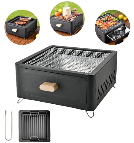 1 pz. Piccola griglia per barbecue da tè con cassetto estraibile da tavolo griglia da campeggio griglia a carbone fumatore falò fornello per cucinare campeggio picnic spiaggia,Nero,A