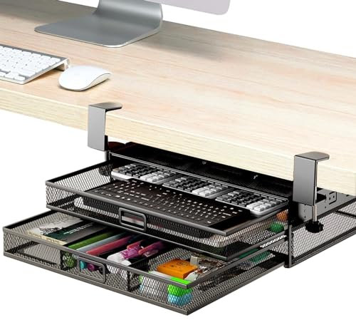 Whemyreat Untertisch-Schubladen-Organizer zum Anklemmen, 2-Lagige Gleitschienen-Schreibtisch-Organizer, Unter-Schreibtisch-Aufbewahrung, Büro-Schubladen-Organizer, Mesh-Metall-Schreibtischschubladen