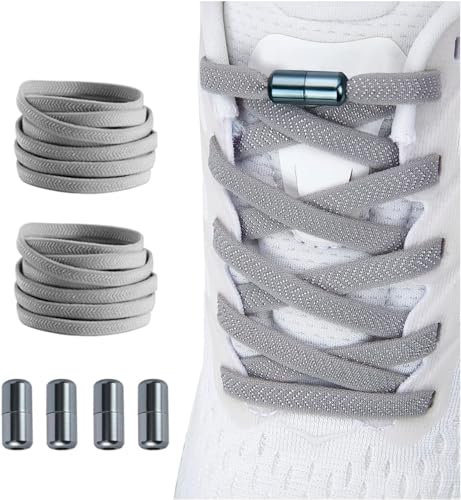 Shecret Elastische Schnürsenkel mit Metallkapsel, 2 Paar Einstellbare Schnürsenkel Ohne Binden, Schnellschnürsystem Schnürsenkel-Set für Läufer, Kinder und ältere Menschen, HellGrau