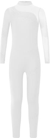 Vxuxlje Mädchen Turnanzug Ganzkörper Gymnastikanzug Patchwork Ballett Trikotanzug Tanzbody Glitzer Strass Ganzanzug Weiß 170-176