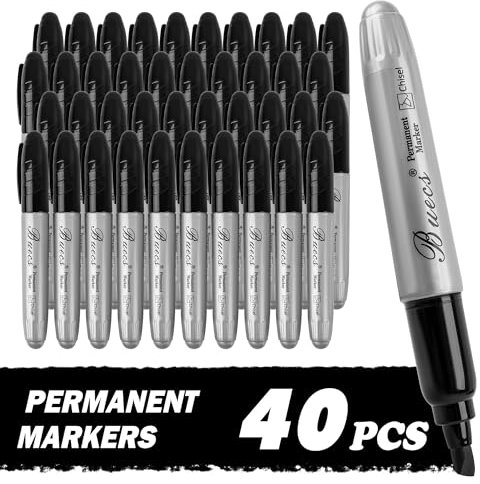 Buecs King Size Permanent Markers, 40 Count Black Jumbo Permanent Markers, Chisel tip, Waterproof & Smear Proof Markers, Quick Drying, Office Supplies for School, Office, Home