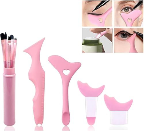 4Pcs Stencil per Eyeliner in Silicone, 5PCS Pennelli di Trucco per Ombretti,per eyeliner, 5 in 1, Stencil Trucco Occhi Riutilizzabili Multifunzionale, Trucchi Donna, per Principianti e Professionisti