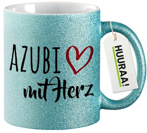 Huuraa Glitzertasse Azubi mit Herz Geschenk | Motivtasse 330ml Glitzer Tasse mit Spruch Blau Keramik Kaffeebecher Geschenkidee Blue Glitter Becher mit Motiv