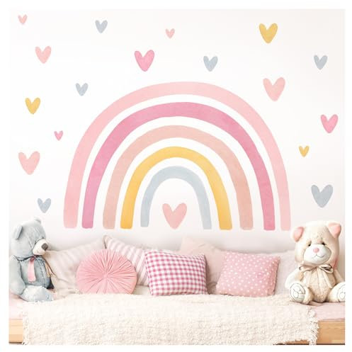 Little Deco Wandaufkleber Kinderzimmer Regenbogen Wandtattoo Pastell Boho Herzen Aquarell Wandsticker Babyzimmer Schlafzimmer Deko DL5088-02