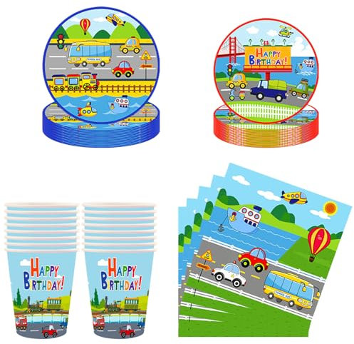 Cars Party Tableware Set,Cars Birthday Decorations Transportation Theme Party Plates Cups and Napkins,Cars Party Decorations Birthday Paper Plates and Cups for Kids Boy Birthday Party Supplies