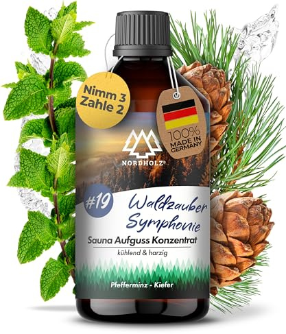 NORDHOLZ® Saunaaufguss 250ml [60 Sorten] Sauna Aufgussmittel Konzentrat | Sauna Duft · #19 Waldzauber Symphonie · Pfefferminze & Kiefer · frisch · Mit ätherischen Ölen · Made in Bayern